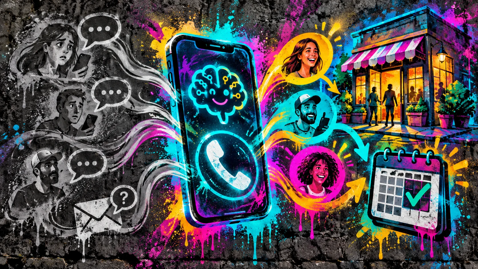 Colorful graffiti mural connecting missed calls to customer follow-up and booked appointments